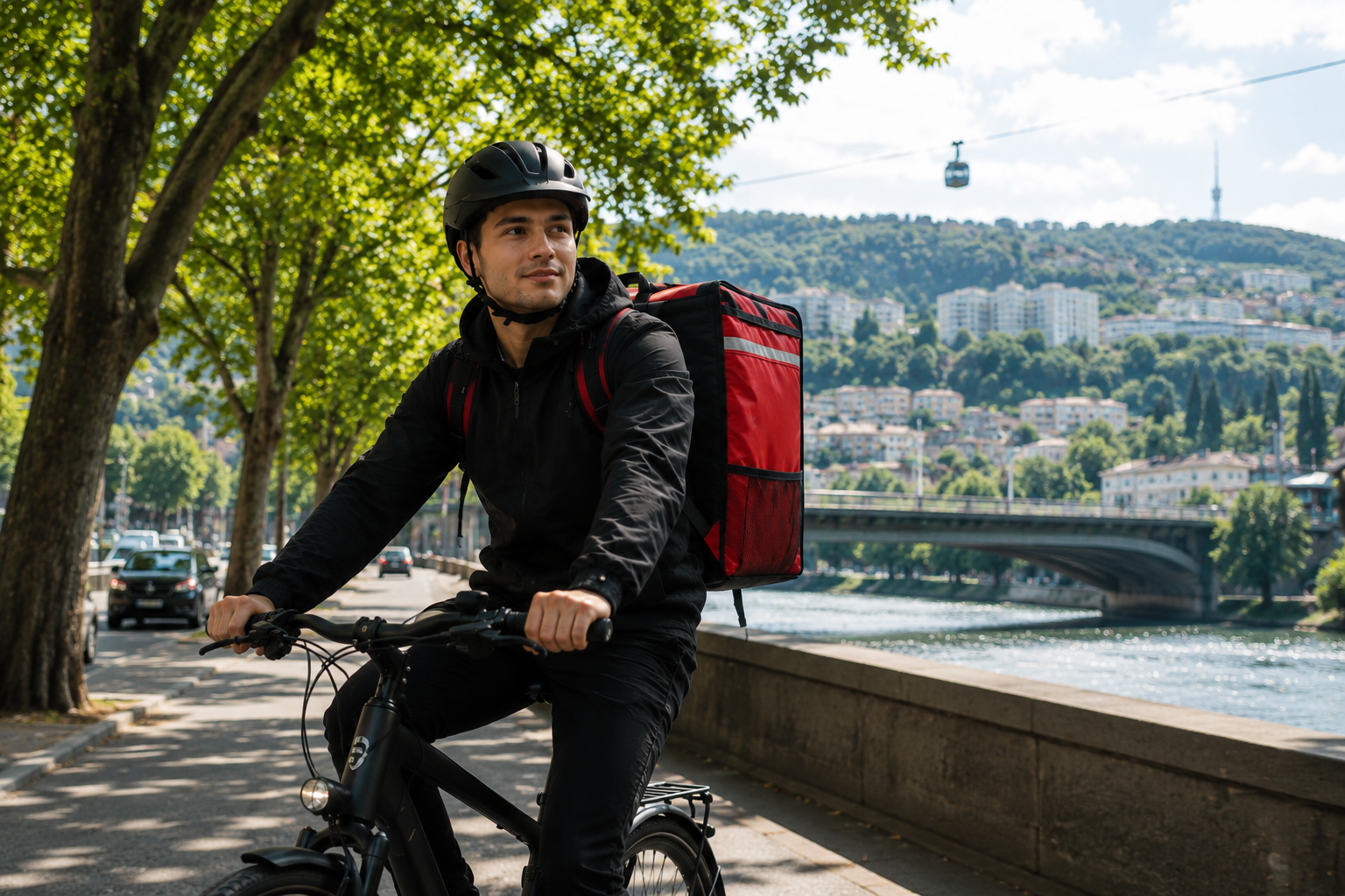 Delivery courier riding through a city street